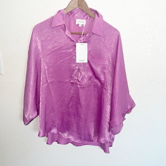 Andree By Unit 100% Polyester Shiny New Purple Cuffed Short Sleeve Blouse - Picture 1 of 10